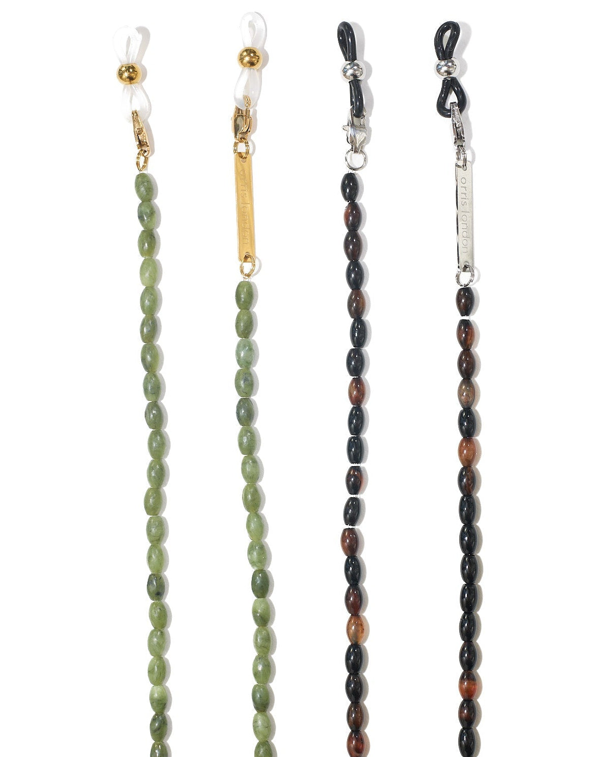 Four beaded necklaces laid horizontally on a white background, featuring green, brown, and black beads with gold, silver, and black metal clasps. with glasses chain silicone loop to hold glasses
